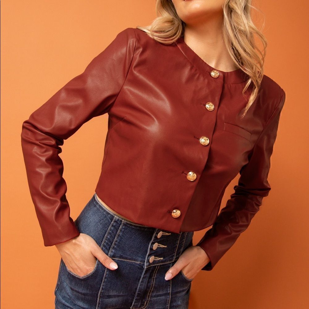 Flying Tomato Red Vegan Leather Crop Jacket New - Picture 3 of 5